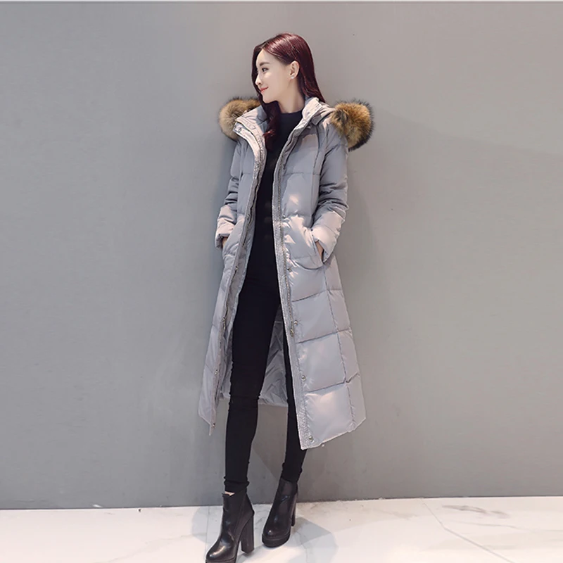 Real Raccoon Fur White Duck Down Coat Winter Jacket Women Long Warm Solid Color Hooded Parka Plus Size Snow Outwear Okb167 - Цвет: gray faux fur