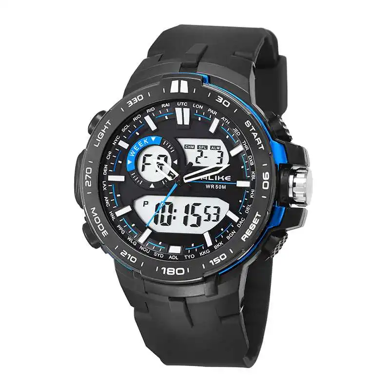 Мужские спортивные часы, двойной дисплей, светодиодный Аналоговый Цифровой Хронограф, наручные часы, водонепроницаемые мужские часы - Цвет: Синий