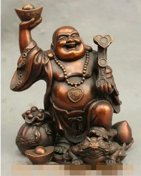 

YM 318 7" Chinese Pure Bronze Wealth Happy Laugh Maitreya YuanBao RuYi Ride Toad Statue