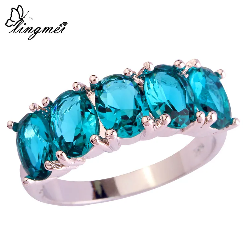 

lingmei Big Promotion Wholesale Oval Cut Fashion Multicolor & Blue & Pink CZ Silver Ring Size 6 7 8 9 10 Romantic Women Jewelry