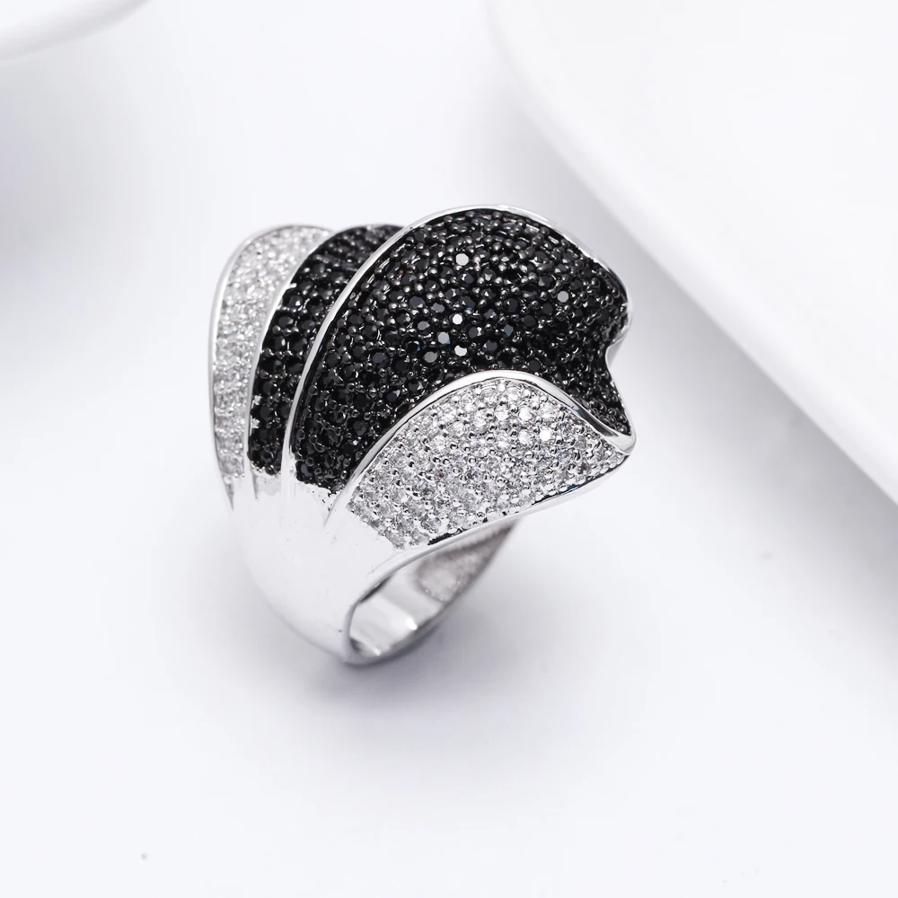 Stunning Luxury jewellery black crystal big ring bijuteria feminina fashion Jewelry White and Gold color large Ring's for party