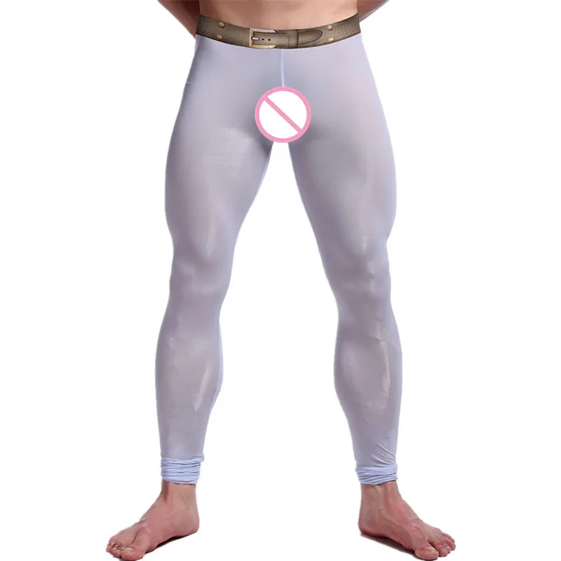 Sexy Men's Ultra-Thin Silky Long Johns Thermal Pants Cool Leggings Underwear Comfortable See Leggings Lingerie Long Johns