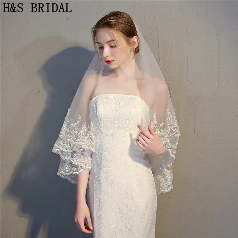H& S, настоящая вуаль для невесты, 90 см, короткая вуаль, два слоя, кружево, с блестками, край, цвет слоновой кости, белая свадебная вуаль, Фата для невесты, Veu de Noi