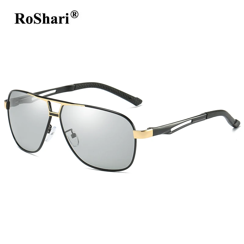 RoShari вождения фотохромные поляризационные солнцезащитные очки для мужчин алюминий магния обесцвечивание солнцезащитные очки для мужчин lentes de sol hombre - Цвет линз: Gold Discoloration