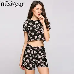 Рукав короткий Floral Crop Top и Высокая Талия короткий костюм