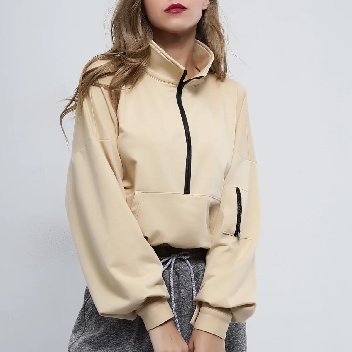

Mr.nut fashion street shoot solid color pocket zipper high collar casual hoodie blouse