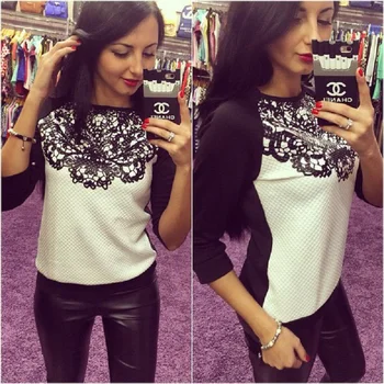 

New Autumn Women Lace Swearshirts Europe America Loose Long Sleeve Lace Joint Blocking Color Sweatshirts Hoodies Plus Size