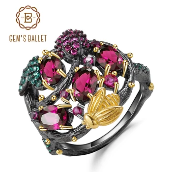 

GEM'S BALLET Natural Rhodolite Garnet Gemstone Ring 925 Sterling Silver Handmade Branch Gold Bee Rings for Women Fine Jewelry