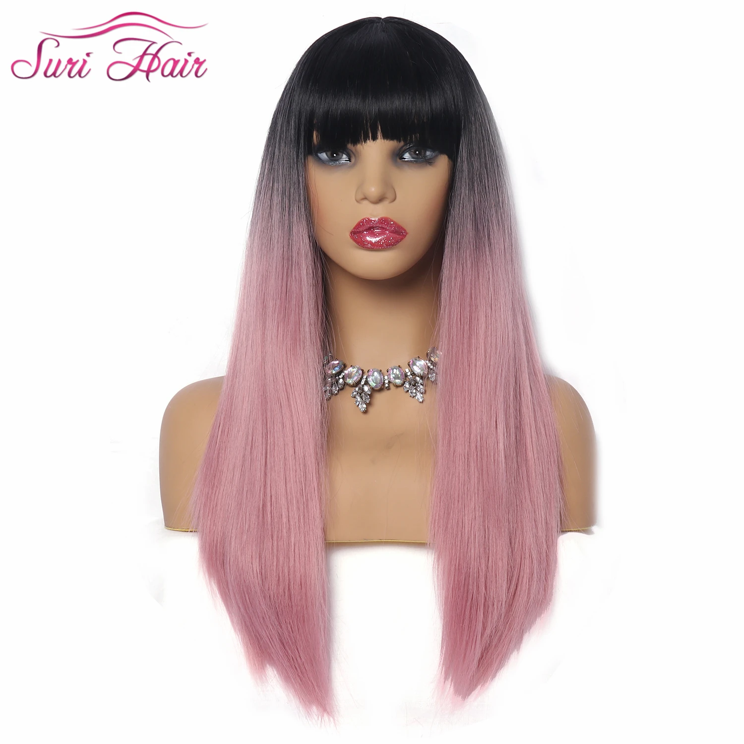 

Suri Hair 26'' long straight synthetic wigs for black women cosplay hair wigs with bangs Ombre pink/green/grey hair 130% Density