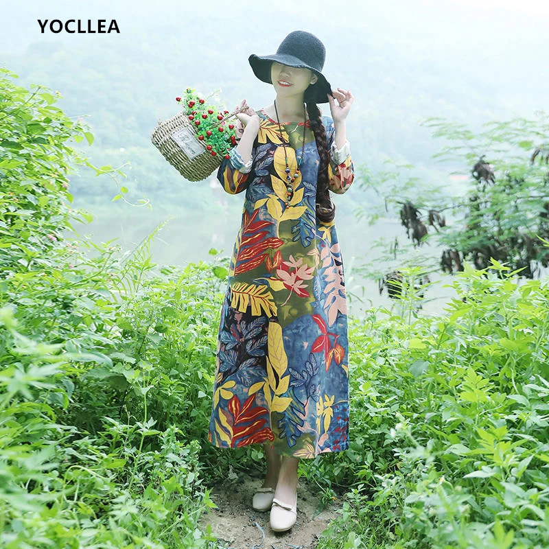 

Autumn Cotton Linen Print women Dress female Loose Casual Long dress Robe de noel O neck Long sleeve With pockets dresses