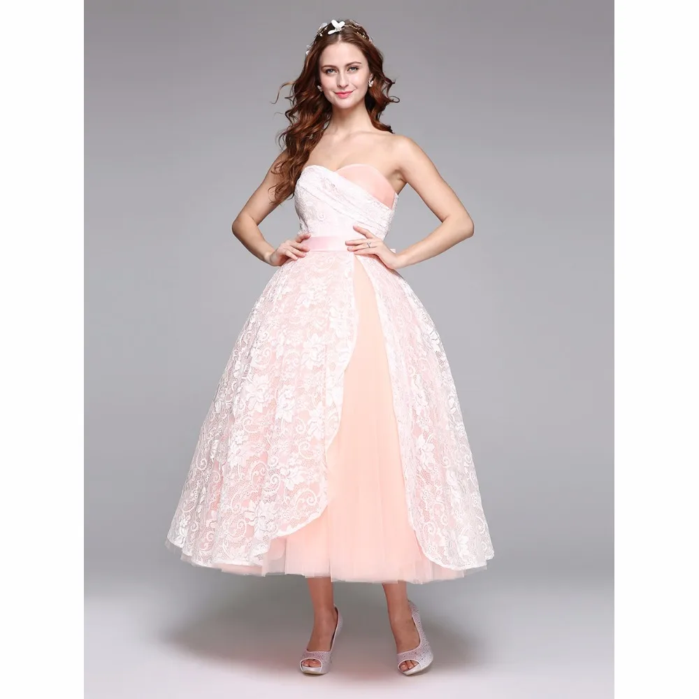 LAN TING BRIDE Ball Gown Wedding Dress Sweetheart Tea Length Lace Satin