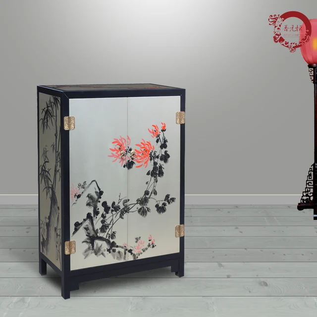 Jinyuan Heng New Chinese Hand Painted Lacquer Wood Cabinet Two Jinyuan Heng New Chinese Hand Painted Lacquer Wood Cabinet Two Golden Vintage Decorative Furniture Sideboard Zen