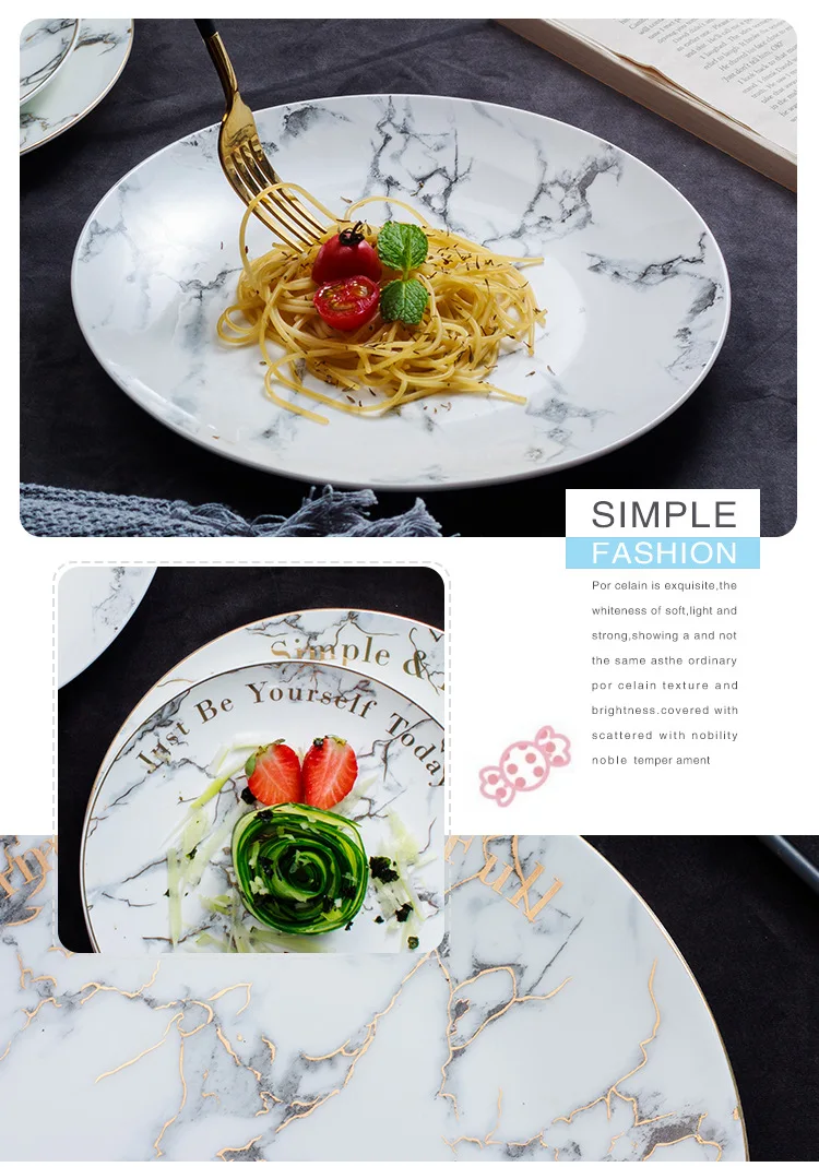 Marble Texture Inlaid with Gold Edge Ceramic Plate Disk Flat Dish Customized Wholesale Loucas Porcelana Dishes and Plates Sets 