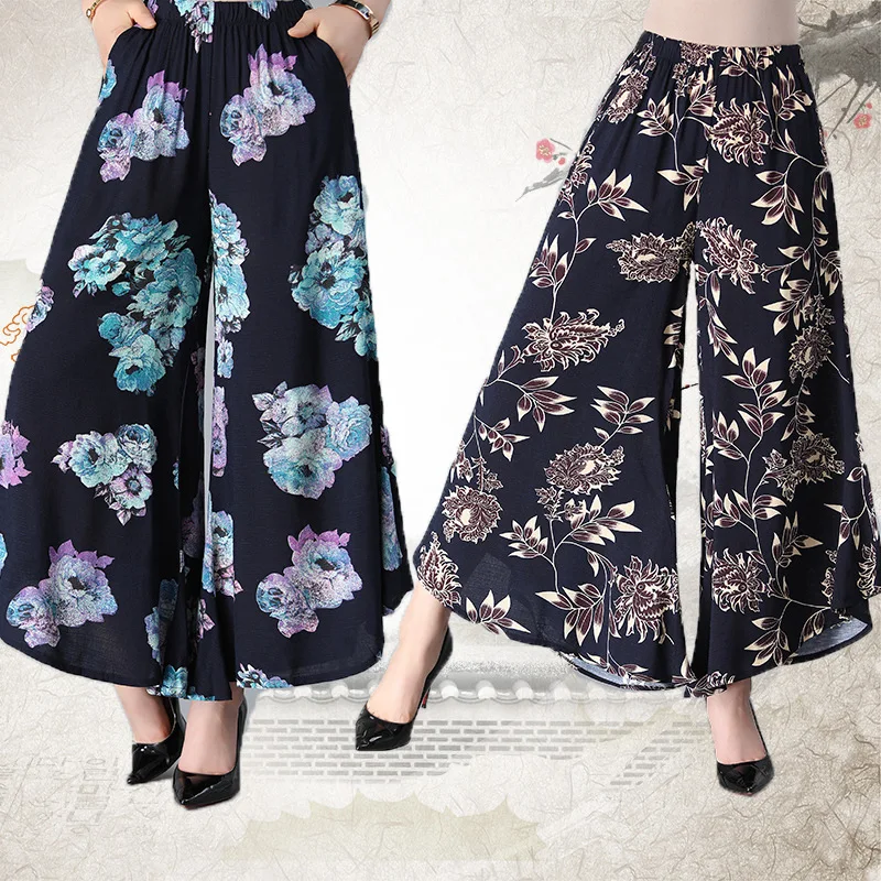 New Arrival Summer Style Mother Culottes XXXL print flowers Plus size High Waist pockets women's Wide Leg pants | Женская одежда