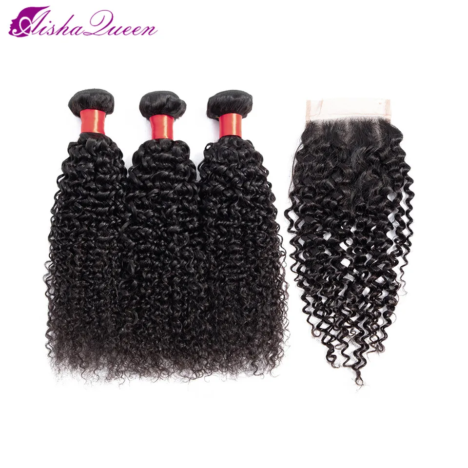

Aisha Queen Brazilian Hair Weave Bundles 100% Human Hair Kinky Curly 3 Bundles With Closure Non Remy Hair Extensions