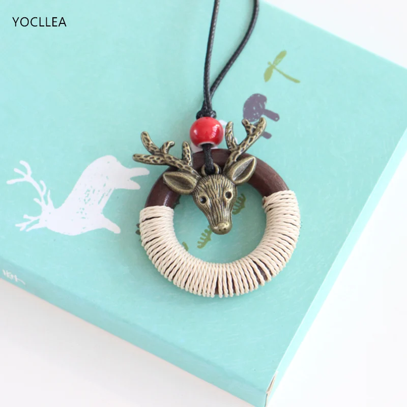 

Christmas Deer Horn Necklace for Girl Classic Fashion Jewelry female Cotton linen Clothes Accessories Long Sweater Chain Gifts