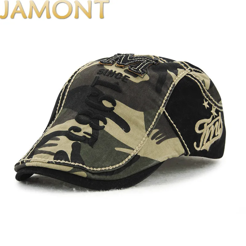

[JAMONT] Summer Vintage Camo Military Beret Adjustable Letter Eembroidery Golf Driving Beret Buckle Camouflage Flat Caps Unisex