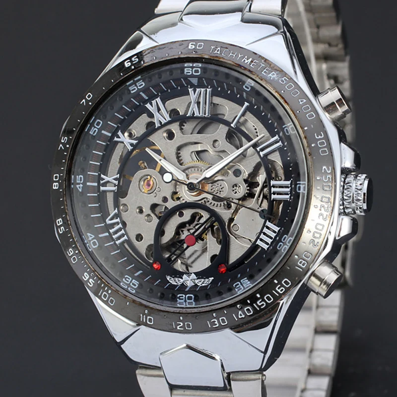 

Russian Skeleton Automatic Watches For Men Silver Stainless Steel Wrist Watch Free shipping 0717