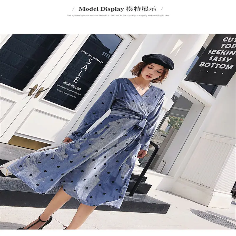 HziriP Women New Elegant Long Shirt Dress 2018 Autumn Dot Long Sleeves Casual Loose Dresses Vacation Mid-Calf V-Neck Collars