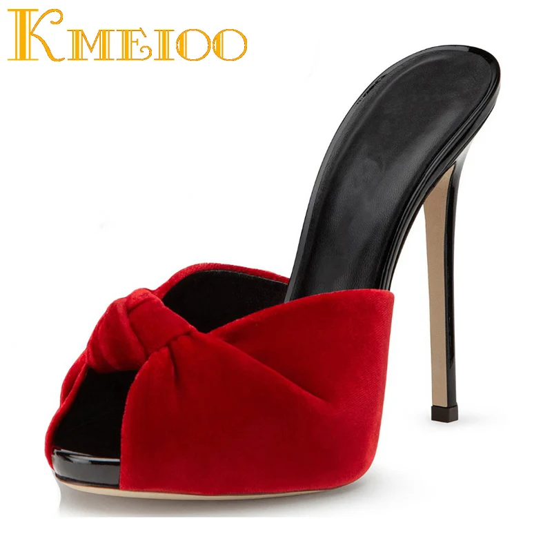 

Kmeioo Brand Platform High Heels Mules 2018 Spring Peep Toe Velvet Bow Stiletto Red Black Nude Women Pumps Shoes EU Size 35-46