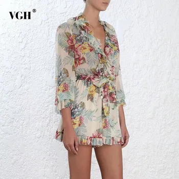 

VGH Casual Loose Playsuit For Women V Neck Long Flare Sleeve High Waist 2020 Summer Print Ruffles Playsuits Female Fashion New