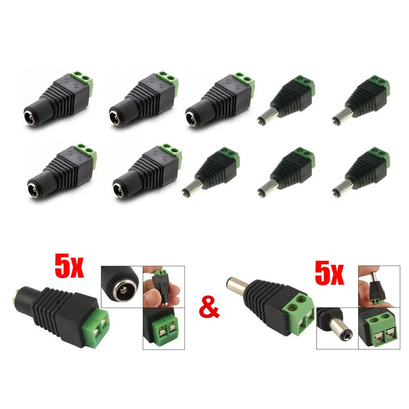 

5 Pair Female And Male DC Power Jack Connector Plug Adapter For Single Color LED Strip Light for CCTV Camera LCC77