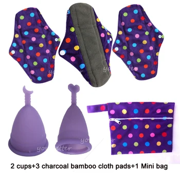 

Beautiful Regular Cloth Sanitary Pads Charcoal Bamboo Mama Cloth Menstrual Pads 3 PCS With 2 Menstrual Cups With 1 Mini Wet Bag