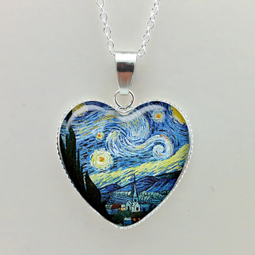 

HT-0066 New Starry Night Heart Necklace van gogh pendant Silver Heart Necklace Glass Art Picture Necklace HZ3HZ3