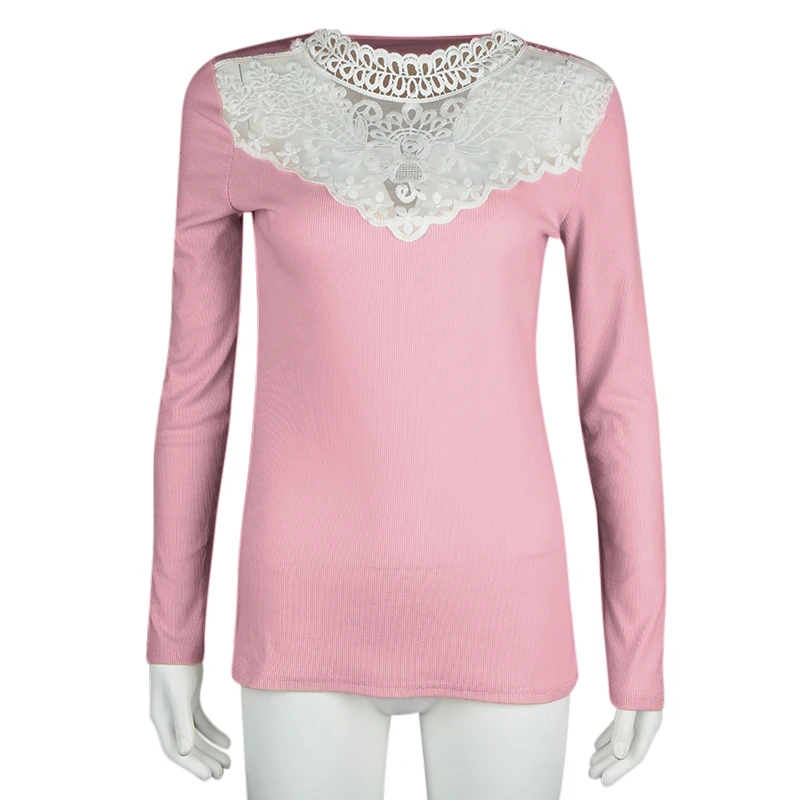 Women Long Sleeve Lace Patchwork T-shirt 2018 Spring Autumn Female Sexy Tshirt Tops Gray Pink Crew Neck Elegant Slim Tee Shirt