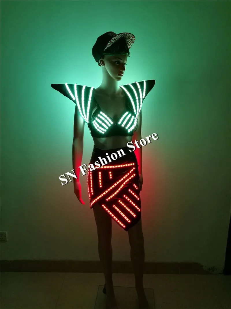 SS2 RGB, певица жилет Танцы бальные костюмы свет костюм Подиум этап носит DJ бюстгальтер юбка плечо женщины платья