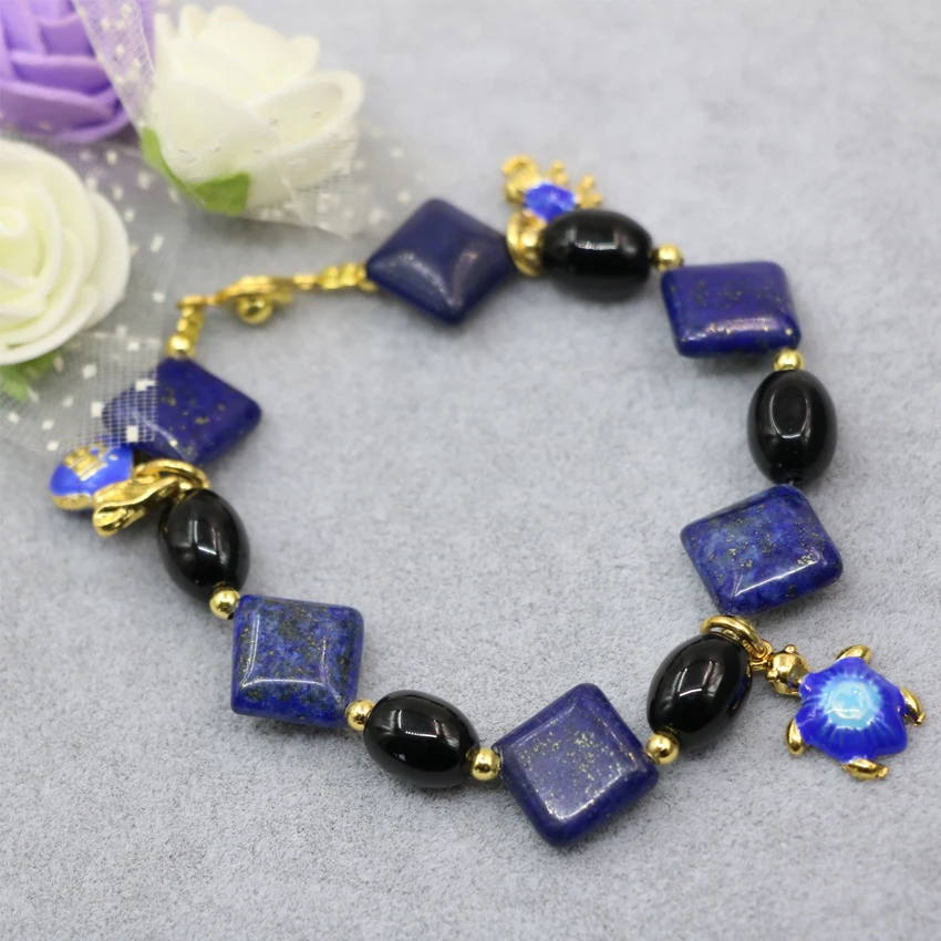 

Natural blue lapsi lazuli stone 14mm stone square beads bracelets for women agat cloisonne charms jewelry 7.5inch B2960