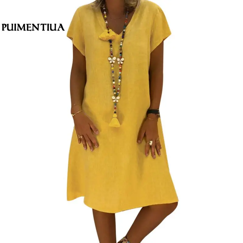 

Puimentiua 2019 Summer Short Sleeve V Neck Linen Dress Women Casual Solid Boho Beach Dress Sexy Loose Plus Size Dress Vestidos