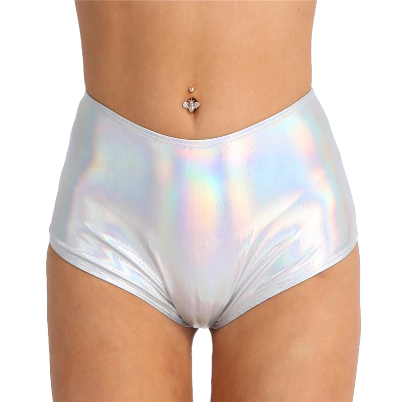 

ChicTry Women Shiny Metallic Faux Leather High Waist Pole Dance Shorts Club Party Festival Rave Dance Costume Sexy Booty Shorts