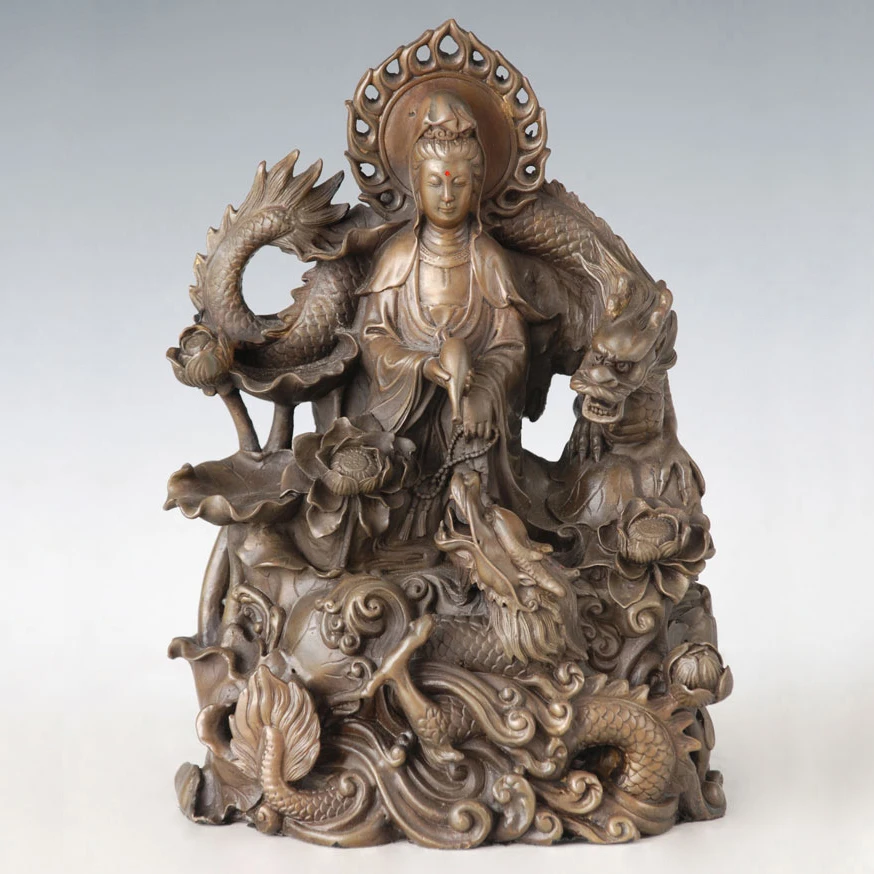 

ATLIE BRONZES Bronze Guanyin with Double Dragon Bodhisattva Figure The Goddess Of Mercy Religious figure Buddha