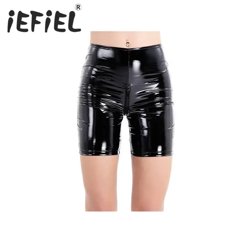 

iEFiEL Sexy Black Womens Boxer Welook Patent Leather Zippered Crotch Tight Shorts for Party Dance Club Nightclub Shorts