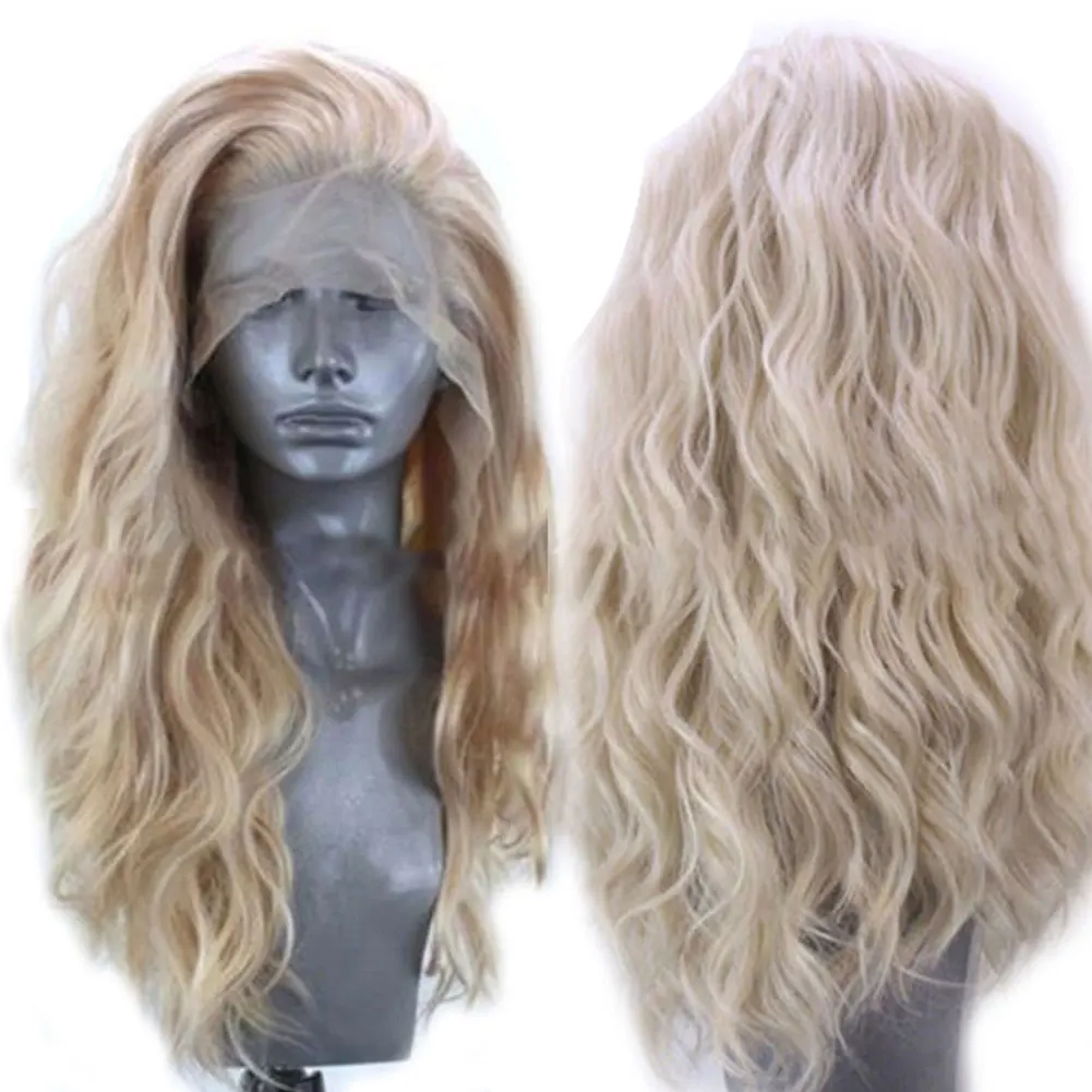 

24 Inch Soft Long Heat Resistant Curly Daily Full Head Synthetic Hair Wavy Women Wig Lace Front Golden Blonde Fashion Natural