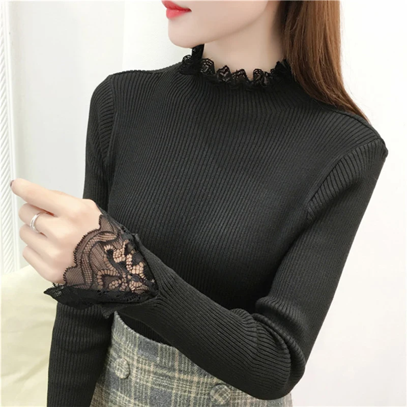 2018 High Elastic Knitted Sweater Women Fall Winter Lace Patchwork Long Sleeve Women Sweaters And Pullovers Female Pull Femme