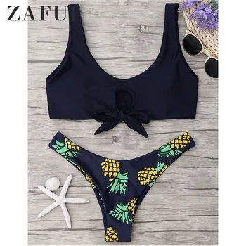 

ZAFUL 2018 Women New Pineapple Print Thong Bottom Bikini Set Summer Sexy Swimwear Spaghetti Straps Swimsuit Colorful Biquini