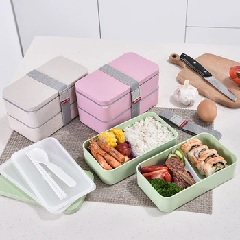 

1200ml Wheat Straw Double Layers Lunch Box With Spoon Healthy Material Bento Boxes Microwave Food Storage Container Lunchbox