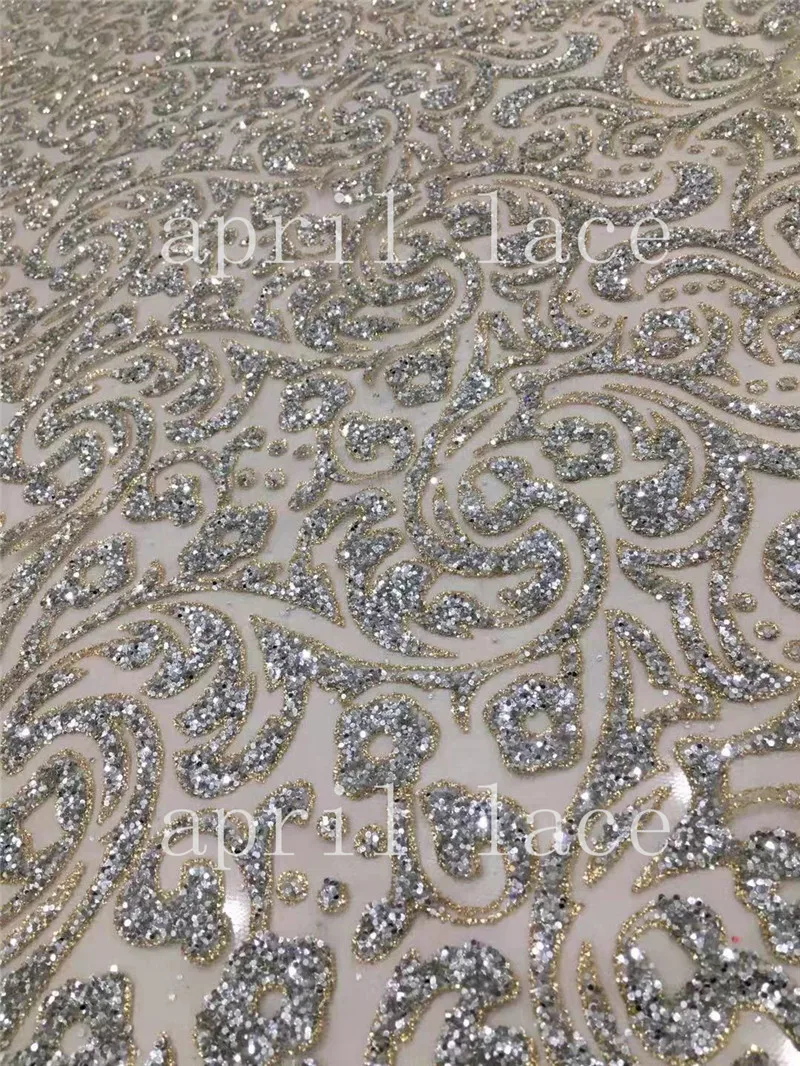 

stock 5yards luxury th018 # silver flower hand print glitter mesh tulle lace fabric for occasion/ sawing wedding dress