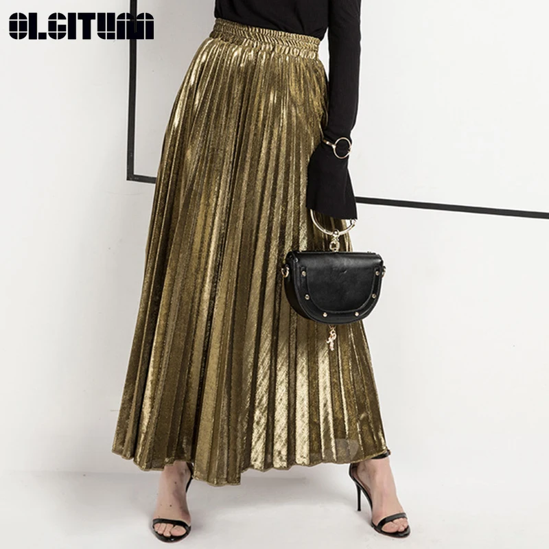 Весна и лето новое плиссированное платье и Соединенные Штаты тонкий высокая талия большие качели золото be Женская юбка Sk295