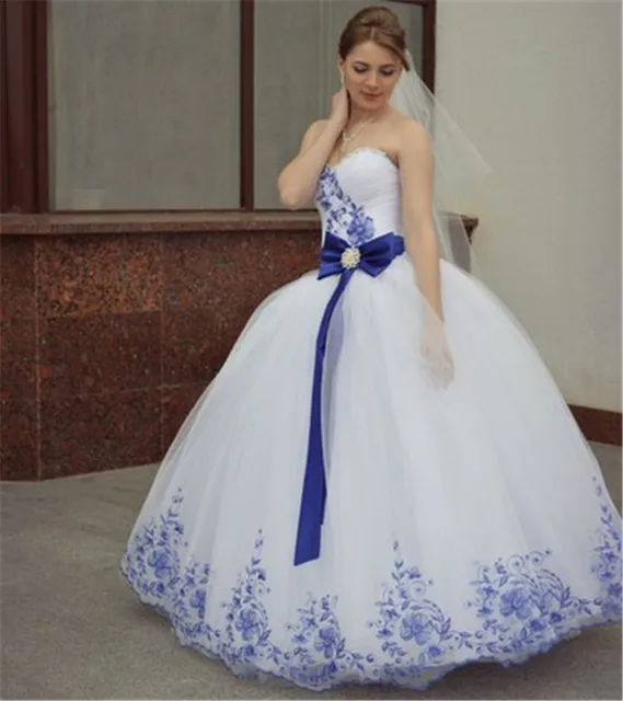Classic Ball Gown 2016 New Sweetheart White Tulle Blue Applique Lace