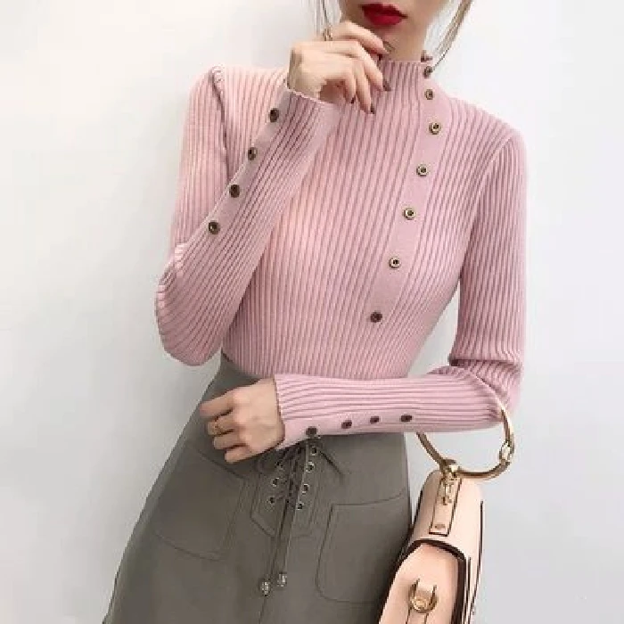 New Fashion Button Turtleneck Sweater Women Spring Autumn Solid Knitted Pullover Women Slim Soft Jumper Sweater Female Knit Tops