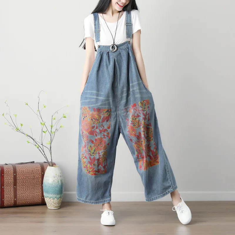 Women Vintage Printed Wide Leg Jumpsuits Ladies Scratched Washed Denim