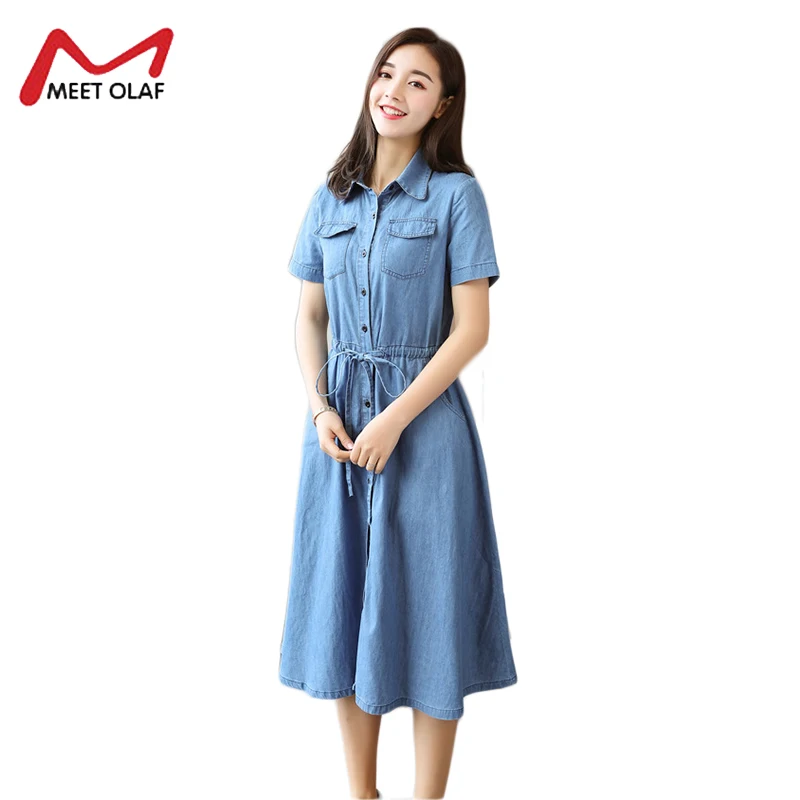 Dress Women Short Sleeve Denim Dress Summer Mid Calf Jeans Dress