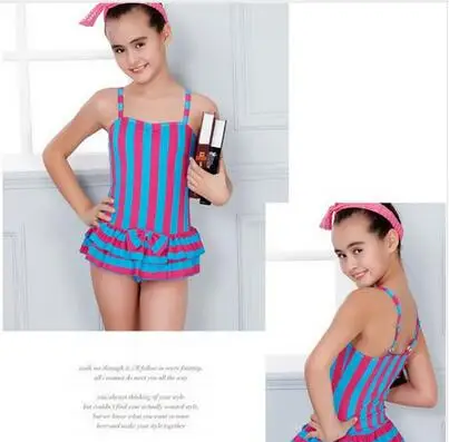 Funfeliz/слитный купальник для девочек; купальный костюм в полоску с юбкой; купальный костюм для девочек-подростков; детский купальный костюм; От 7 до 15 лет - Цвет: Pink