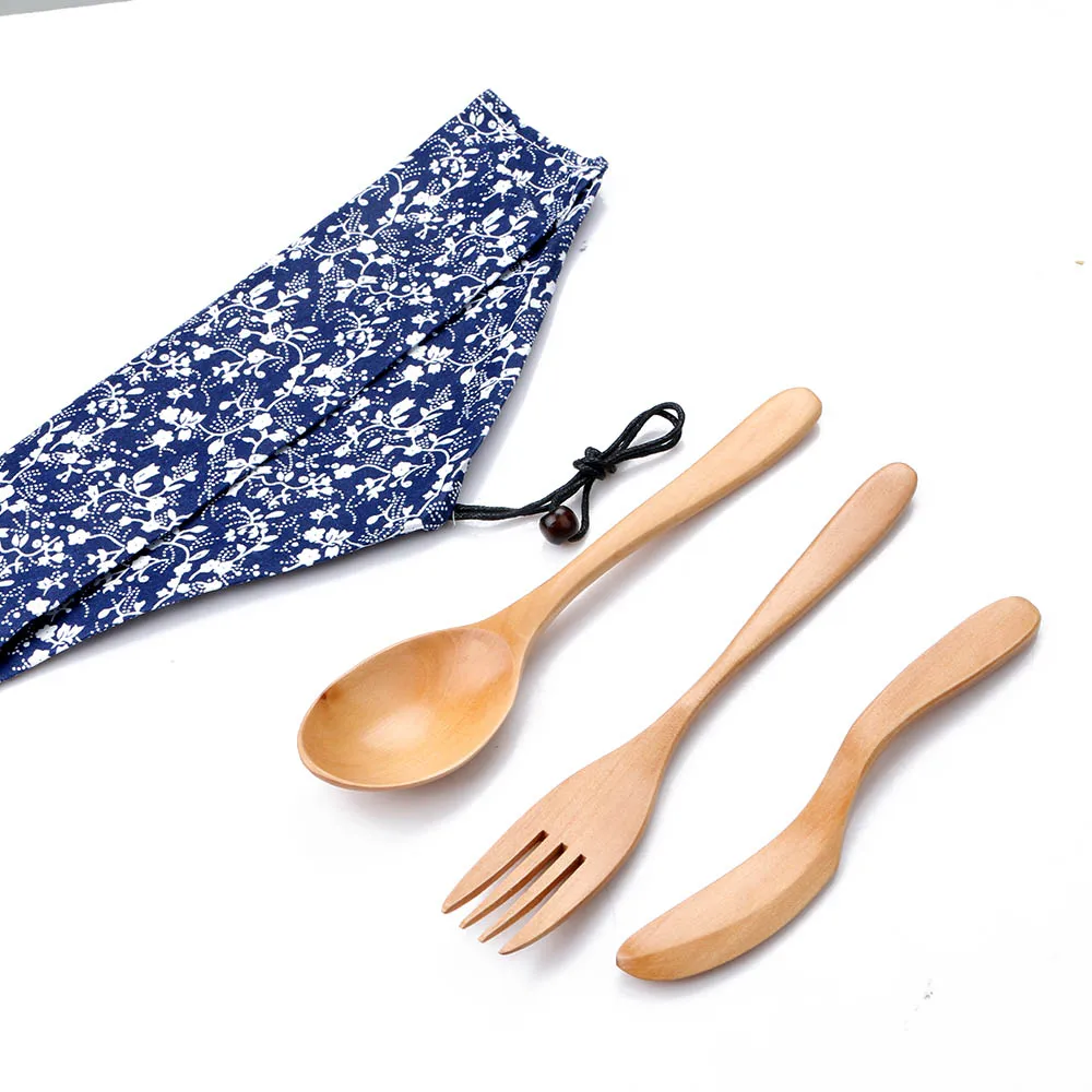 ZKNOC 3pc wooden tableware Sets Portable Fork Knife Spoon Tableware Utensil Set kitchen