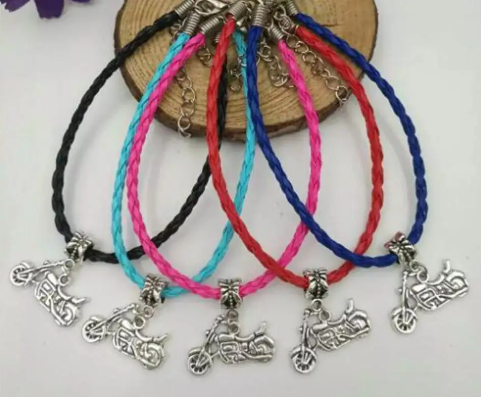 

20pcs/lot Ancient Silver Motorcycle Bracelet Charm Pendant Mixed Leather Cord Bracelet Hippie Rock Jewelry Gifts