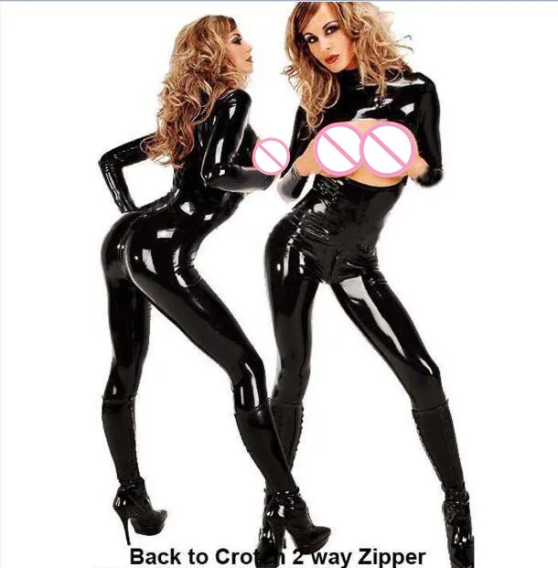 

2017 Women's 2 Way Zipper Cross Crotch Bra Open Cupless Latex Catsuit Fancy Costume Jumpsuit Erotic Plus playsuits XXL Size