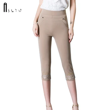 

ASLTW M-6XL Pant Women Summer New Thin Casual Elastic Waist Capris Plus Size Lace Solid Straight Pant For Women